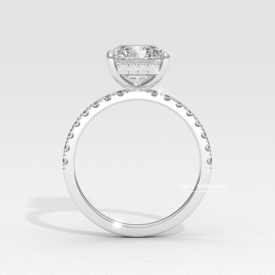 Radiant hidden halo lab grown diamond ring side profile in gold setting