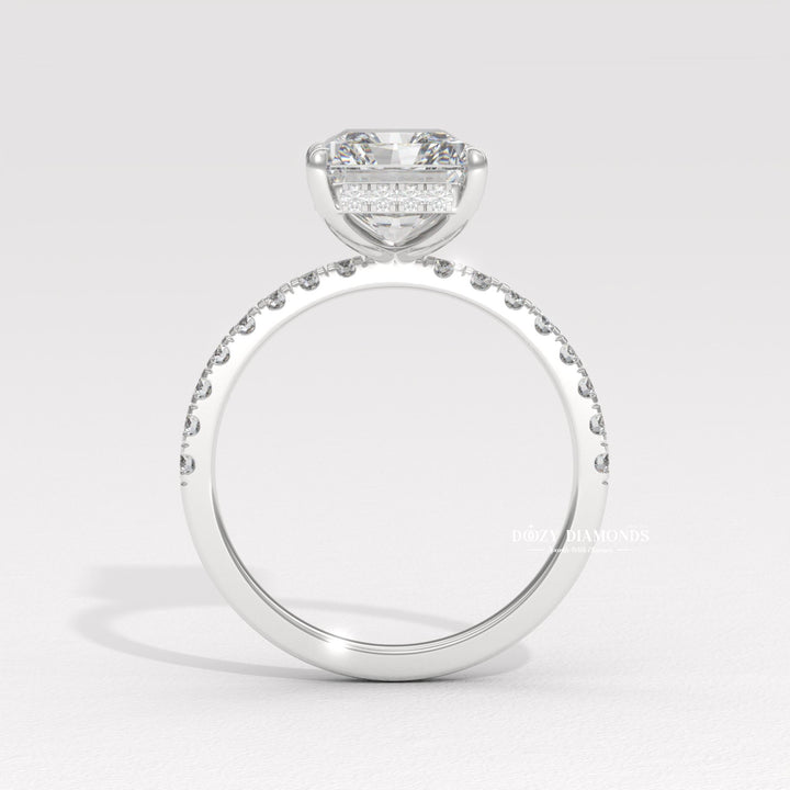 Radiant hidden halo lab grown diamond ring side profile in gold setting