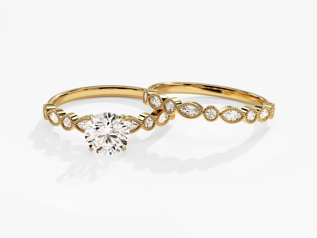 1.0CT Round Cut Vintage Milgrain F - VS Lab Grown Diamond Engagement Ring Set - Doozy Diamonds