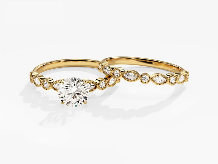 1.0CT Round Cut Vintage Milgrain F - VS Lab Grown Diamond Engagement Ring Set - Doozy Diamonds
