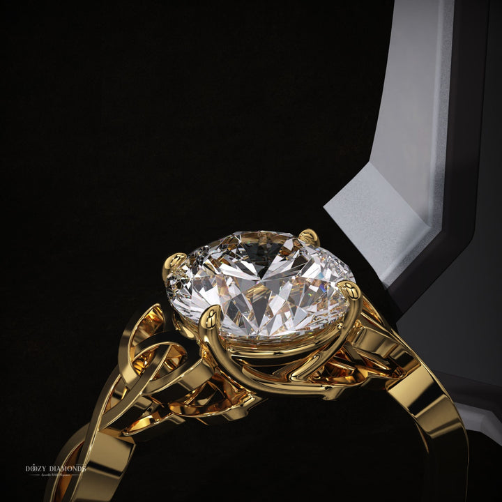 Unboxing view of round cut solitaire diamond engagement ring