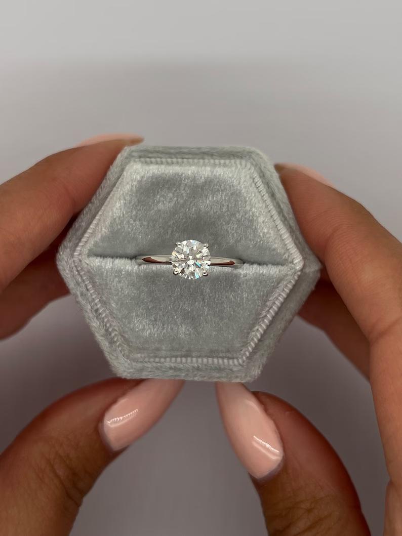 Round solitaire lab grown diamond ring in jewelry gift box