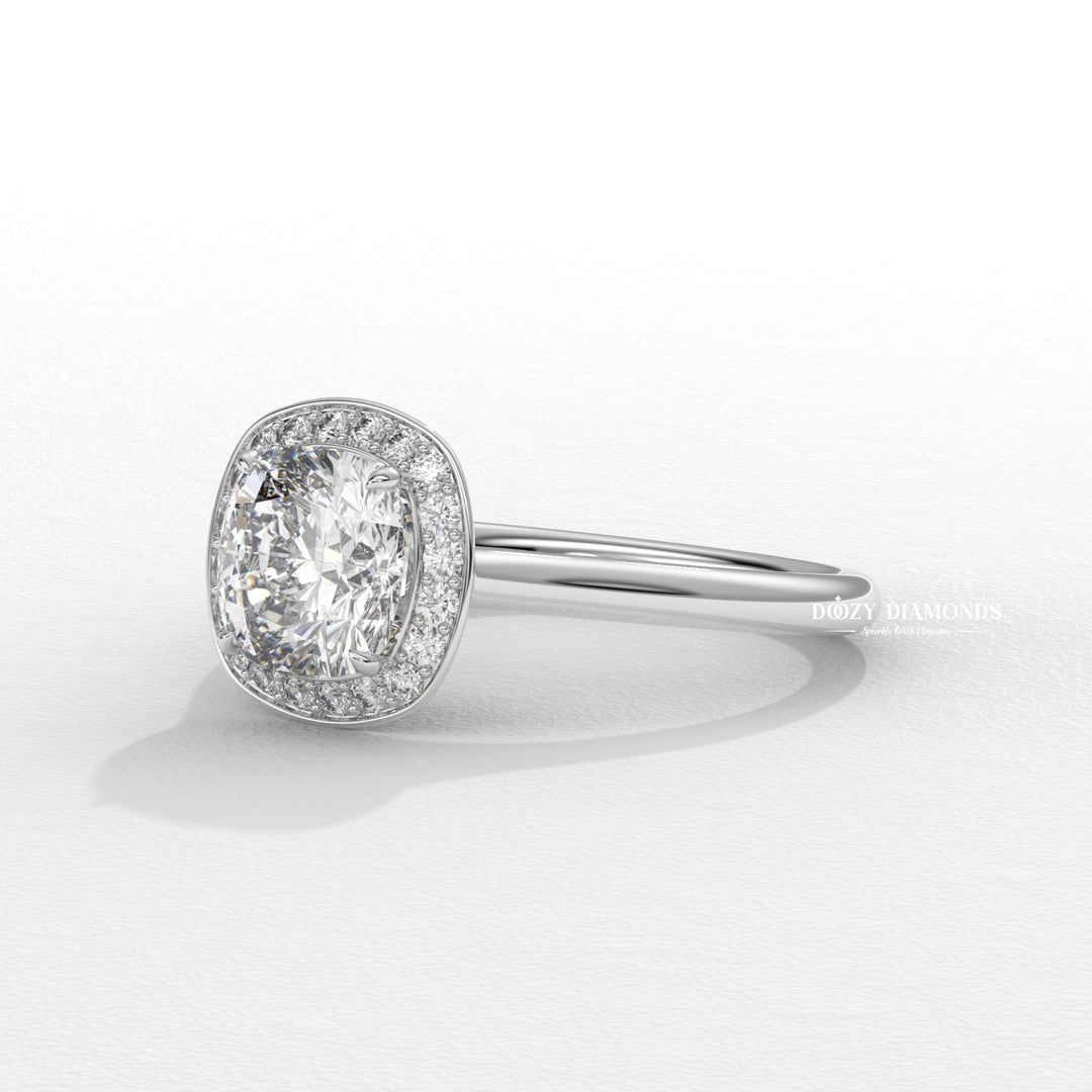 Unboxing view of cushion cut halo diamond engagement ring