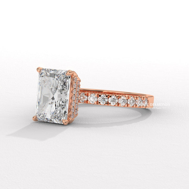 Radiant cut halo engagement ring with IGI certified center diamond