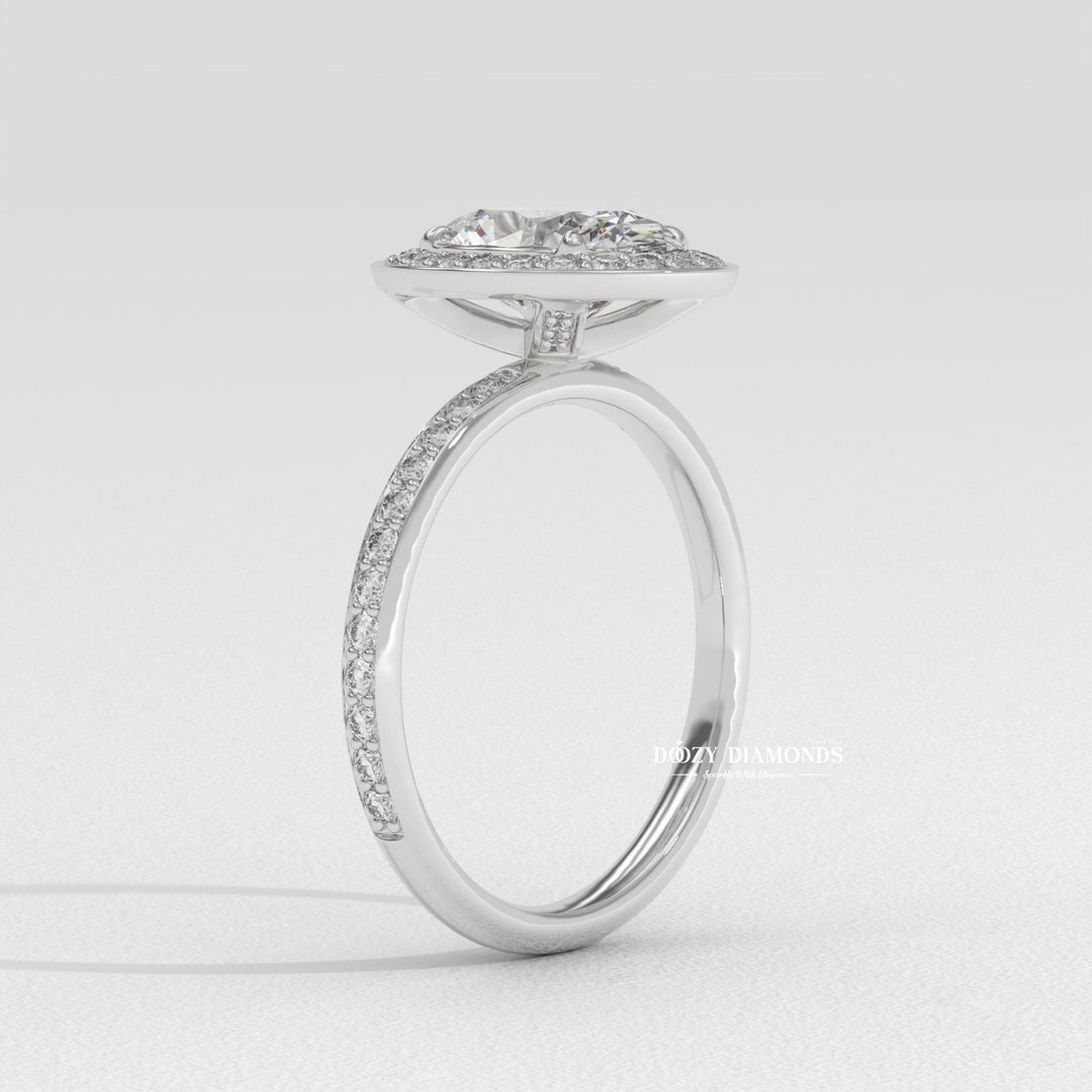 Oval halo engagement ring with certified lab grown diamond
