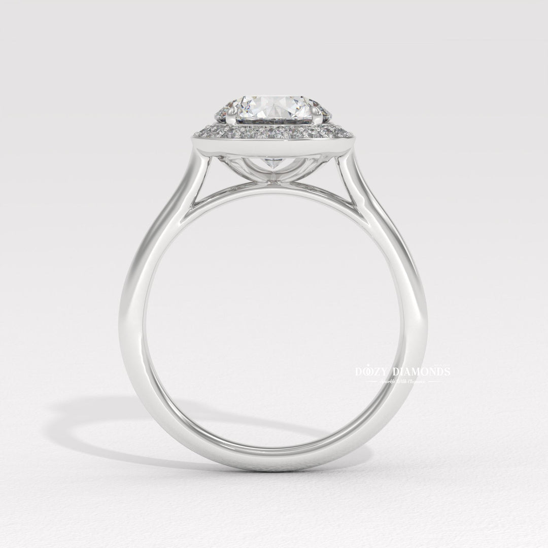 Angled view of round cut diamond in halo setting