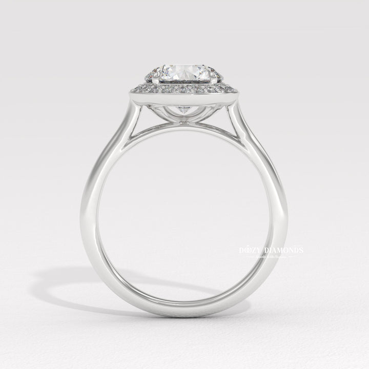Angled view of round cut diamond in halo setting