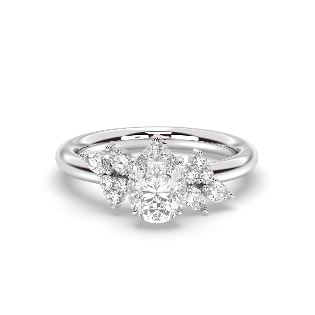 Handcrafted pear cut cluster lab grown diamond engagement ring