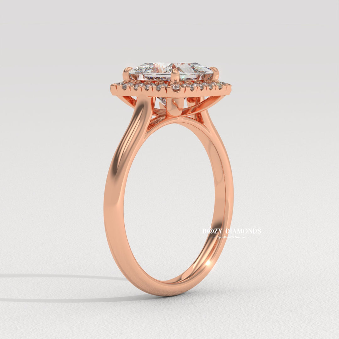 Close-up of princess cut center diamond in solitaire engagement ring
