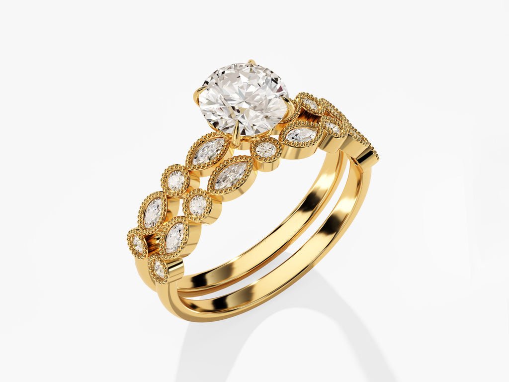1.0CT Round Cut Vintage Milgrain F - VS Lab Grown Diamond Engagement Ring Set - Doozy Diamonds