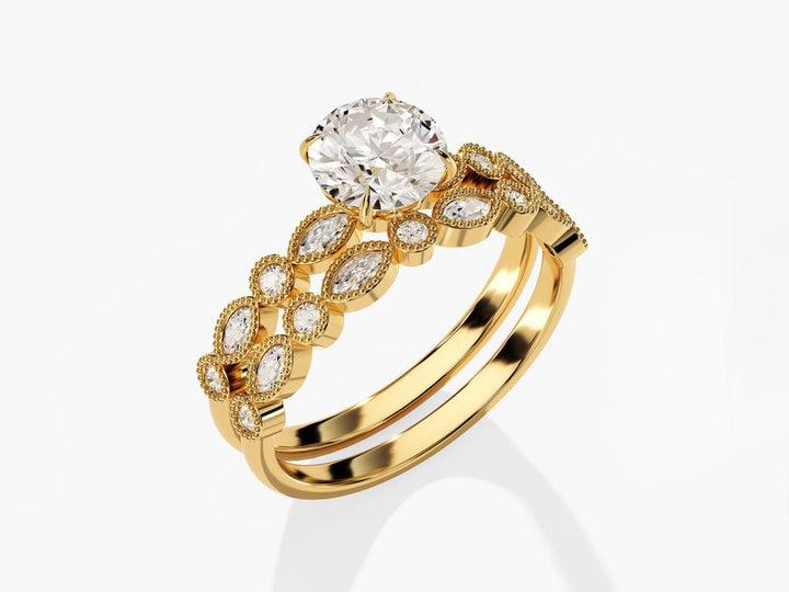 1.0CT Round Cut Vintage Milgrain F - VS Lab Grown Diamond Engagement Ring Set - Doozy Diamonds