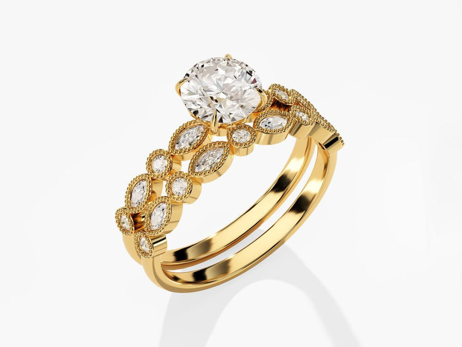 1.0CT Round Cut Vintage Milgrain F - VS Lab Grown Diamond Engagement Ring Set - Doozy Diamonds