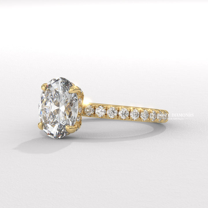Oval hidden halo lab grown diamond ring side profile in gold setting