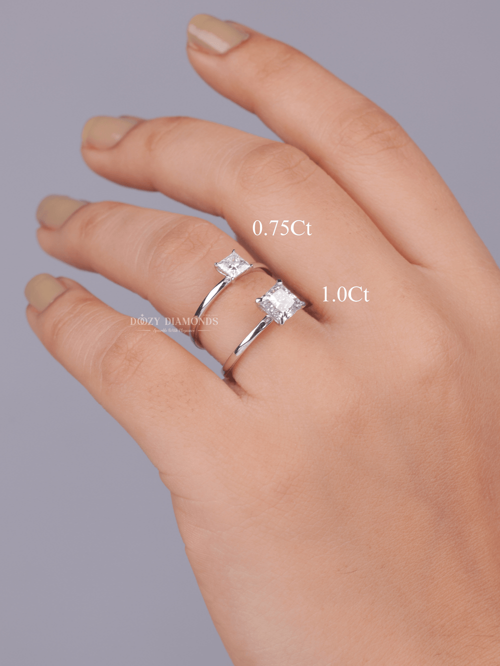 Angled view of princess cut diamond in solitaire setting