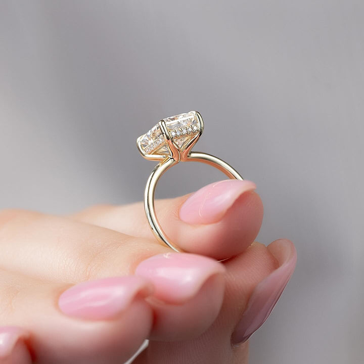 Radiant cut hidden halo engagement ring with IGI certified center diamond