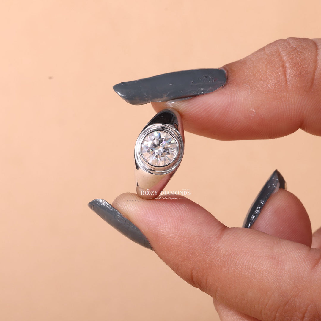 Round dome diamond ring displayed on jewelry stand