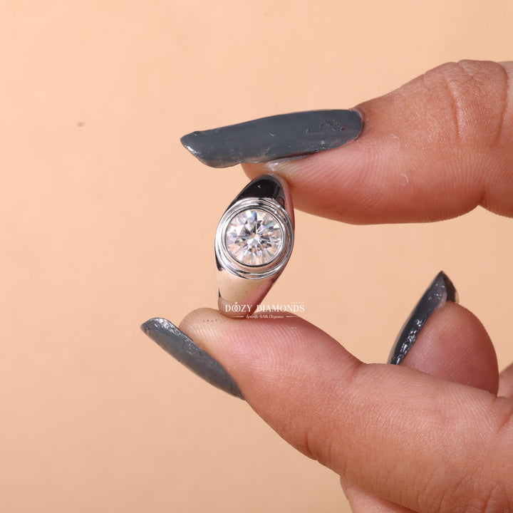 Round dome diamond ring displayed on jewelry stand