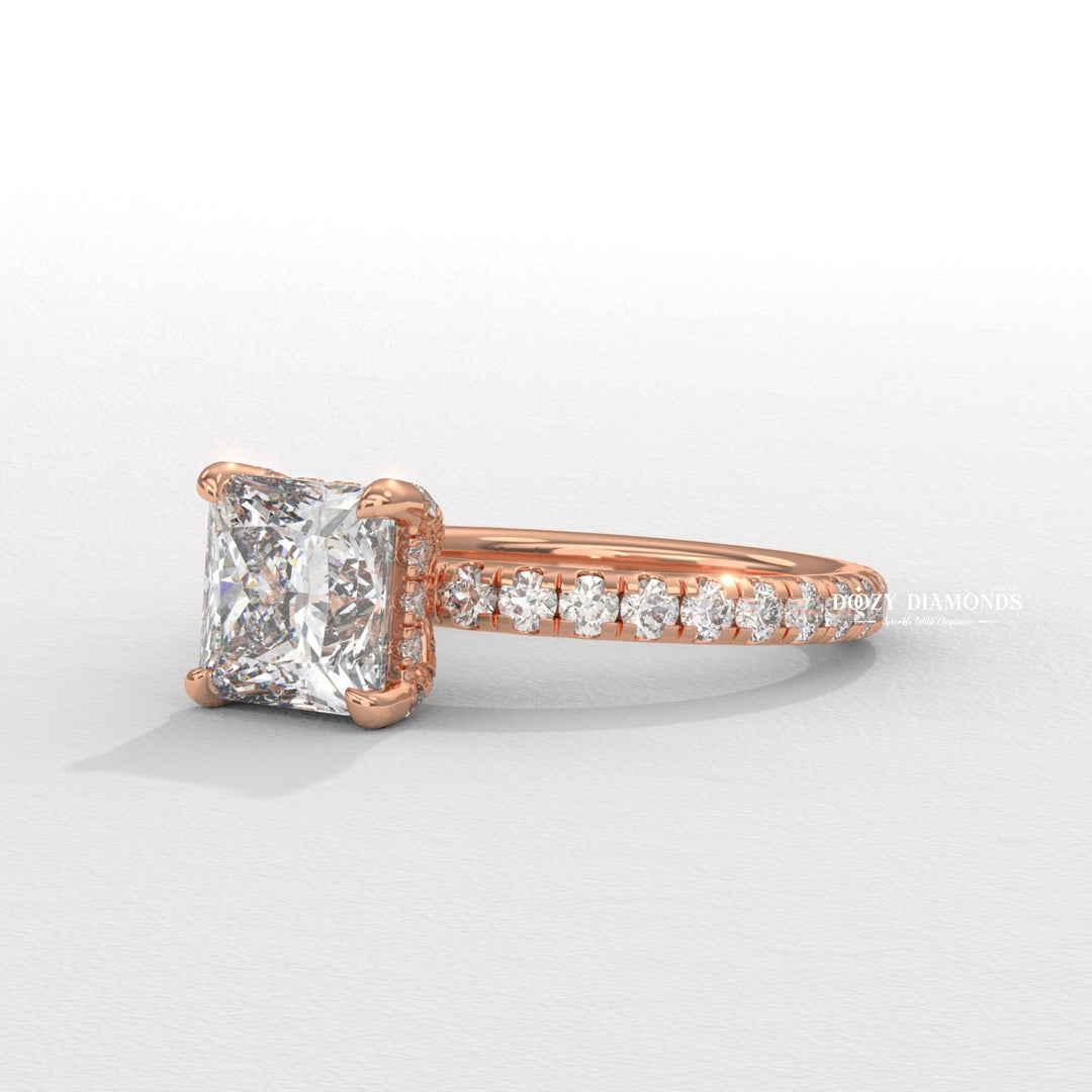 Macro shot of princess cut diamond facets in hidden halo ring setting