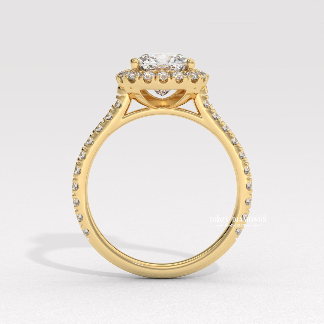 Cushion pave engagement ring close-up showing high clarity diamond clarity