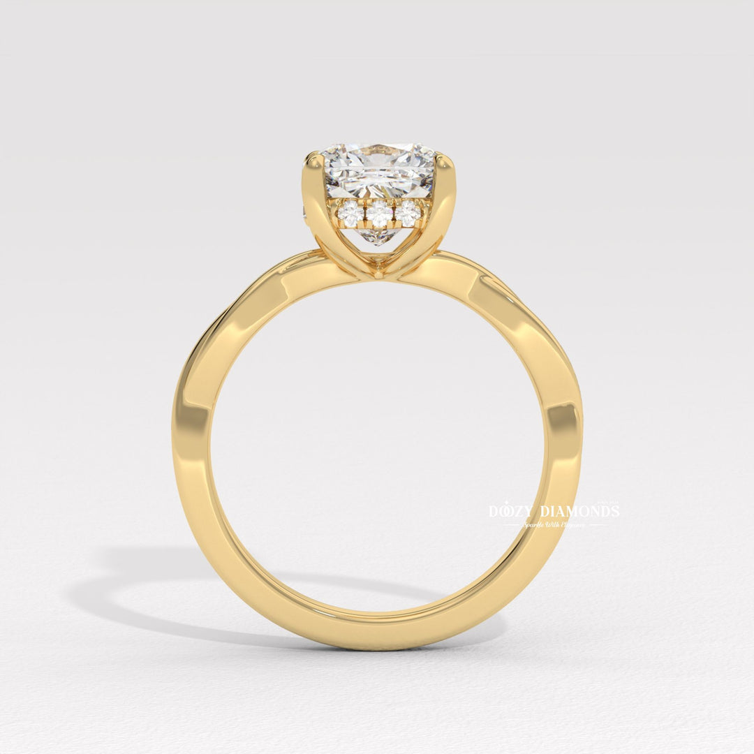 Detailed close-up of cushion solitaire diamond engagement ring