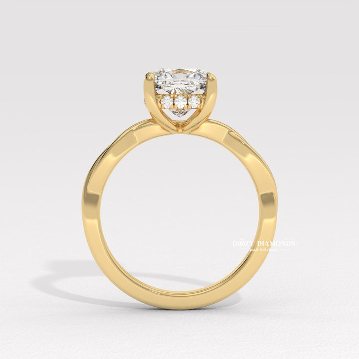Detailed close-up of cushion solitaire diamond engagement ring
