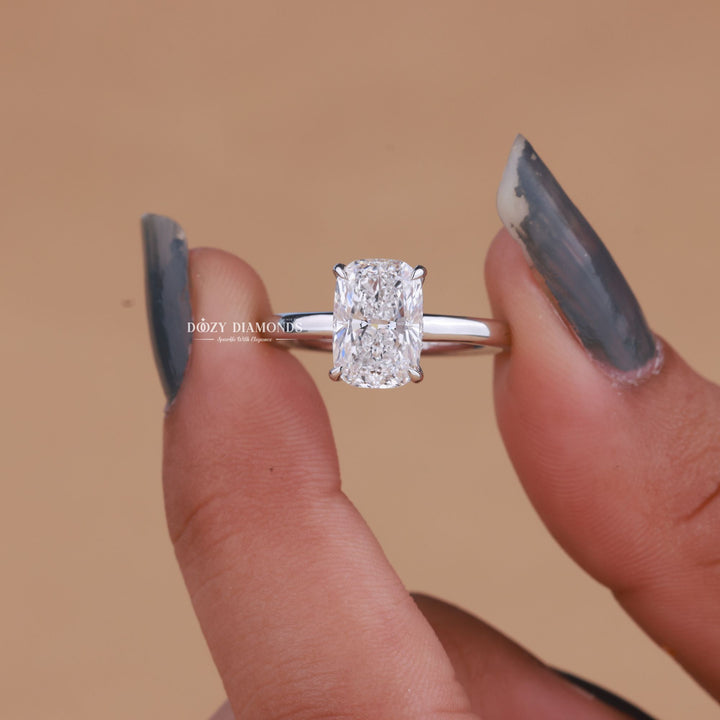 Cushion cut hidden halo engagement ring shown in real-life wear