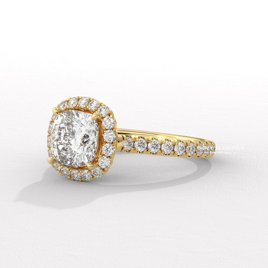 Cushion pave engagement ring close-up highlighting diamond sparkle
