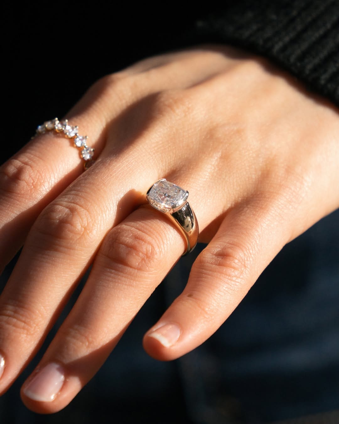 Cushion bezel engagement ring with brilliant diamond sparkle