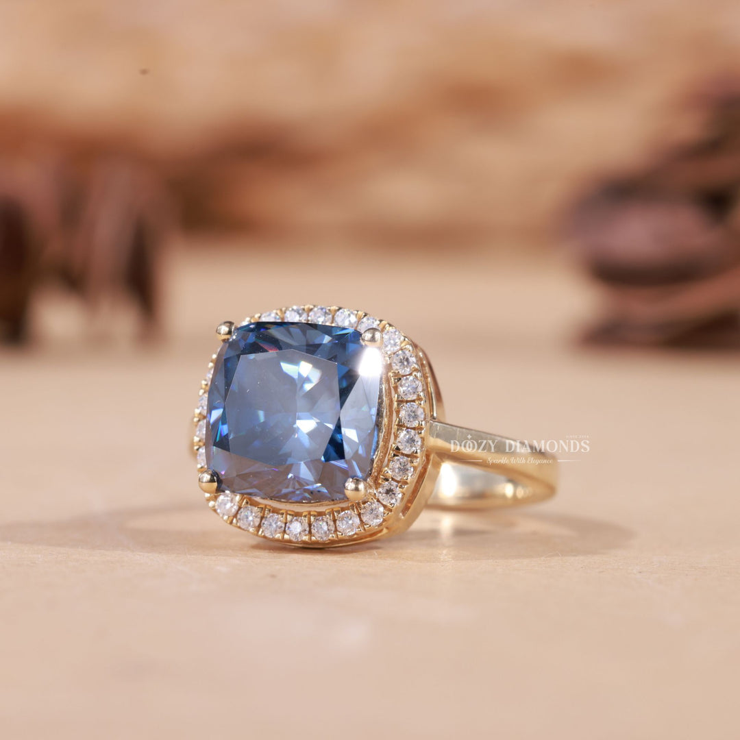 Side angle of cushion halo diamond engagement ring