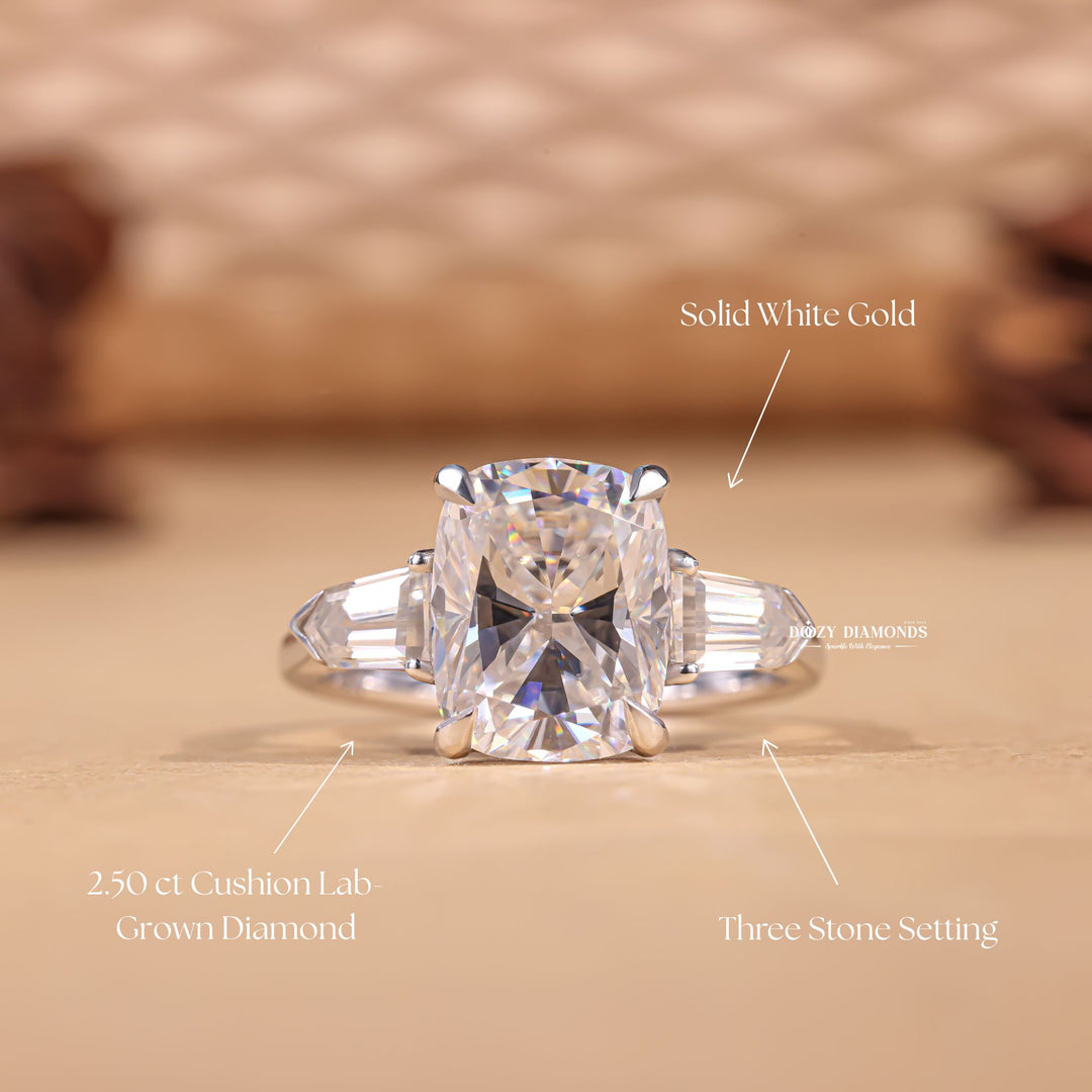 Cushion three stone lab grown diamond ring side profile in gold setting