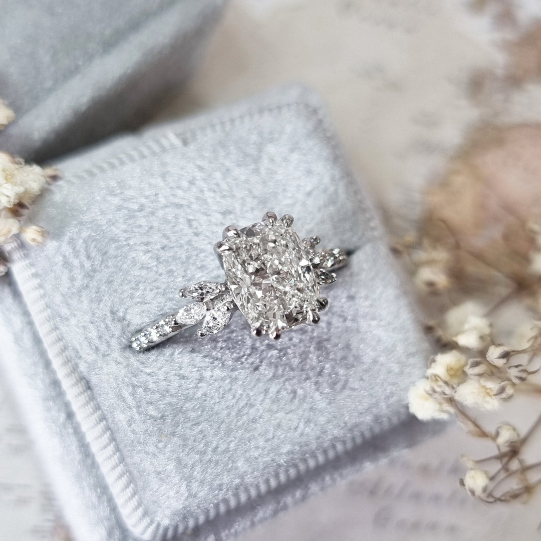Profile view of cushion cut cluster engagement ring band