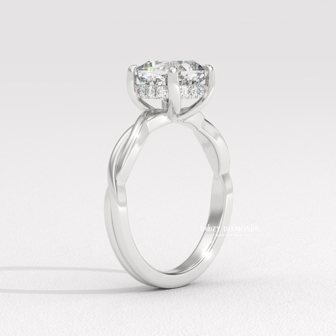 Cushion solitaire lab grown diamond ring fitted on finger
