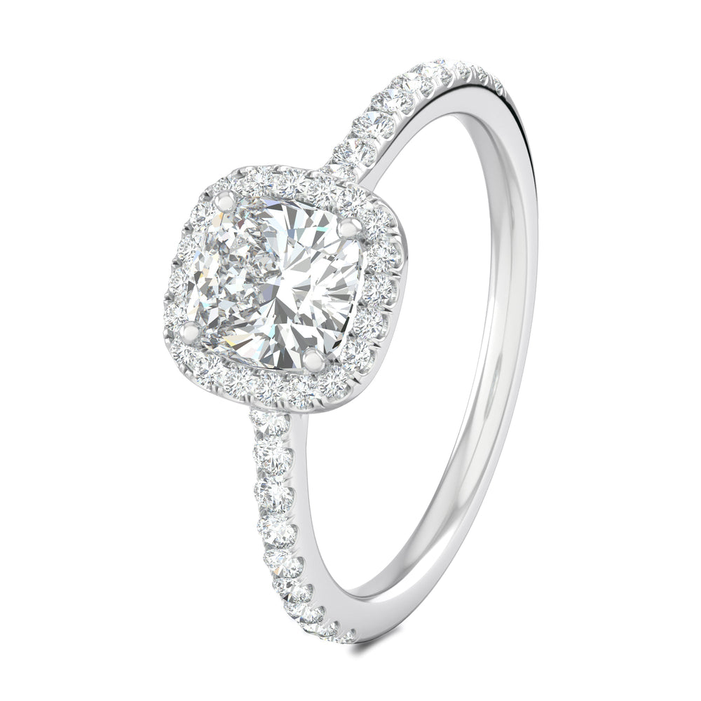 Top-down view of cushion cut pave engagement ring