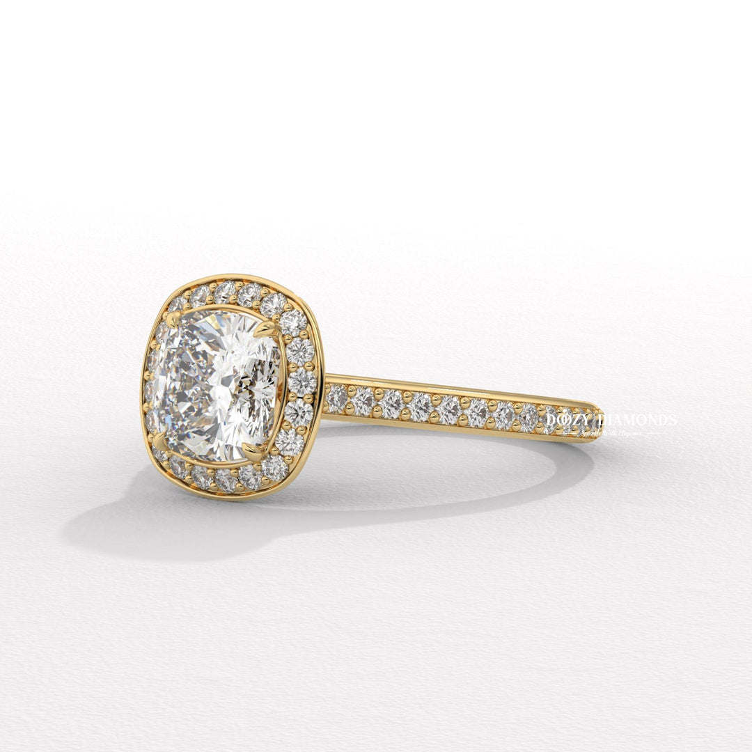 Detailed close-up of cushion halo diamond engagement ring