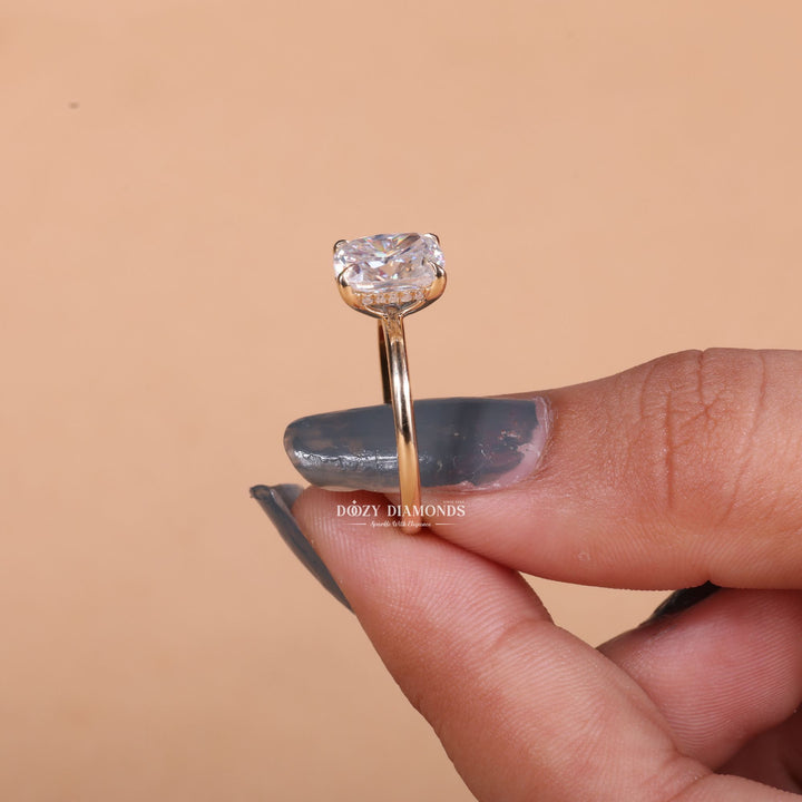 Cushion cut hidden halo engagement ring shown in real-life wear