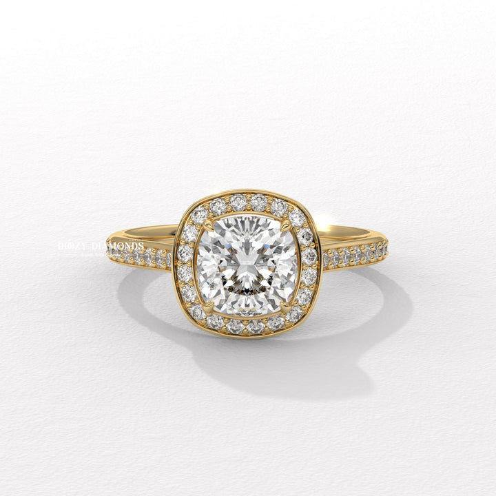 Cushion halo lab grown diamond engagement ring for sale