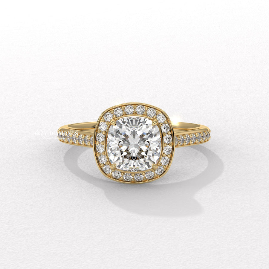 Cushion halo lab grown diamond engagement ring for sale