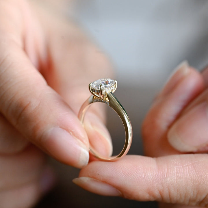 Cushion hidden halo engagement ring with certified lab grown diamond