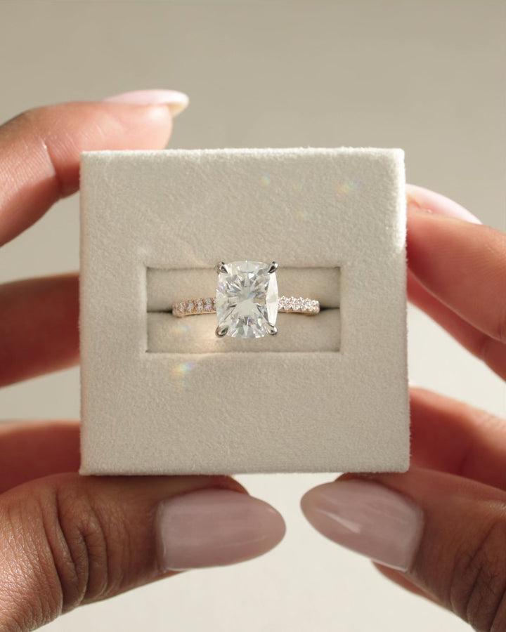 5.0CT Elongated Cushion Cut Lab Grown Diamond  Hidden Halo & Pave Engagement Ring