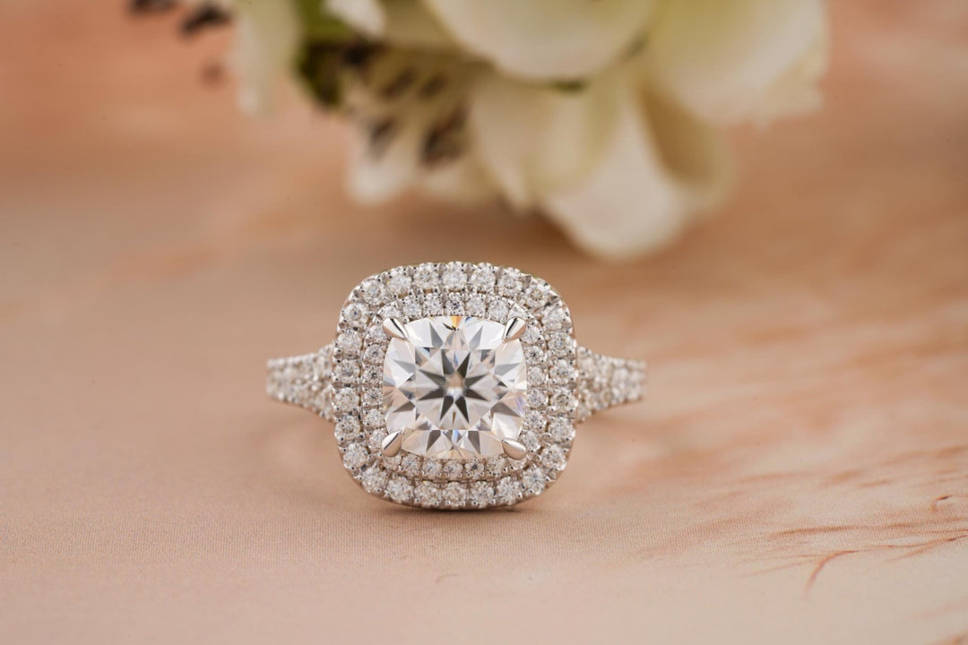 Discover cushion halo lab grown diamond engagement ring online