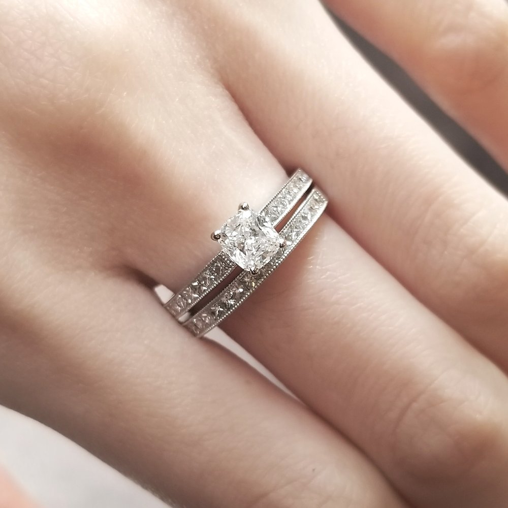 Cushion solitaire engagement ring with IGI certificate and packaging