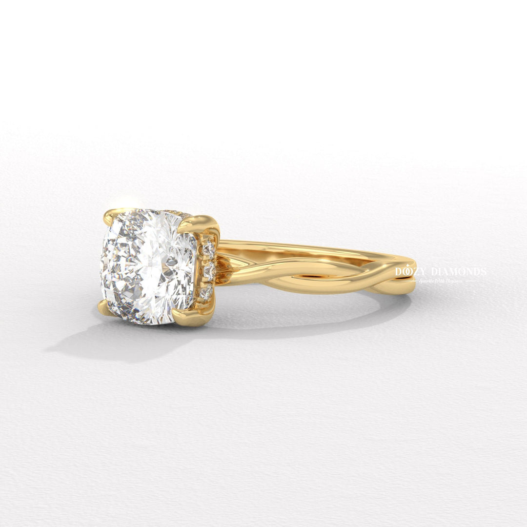 Cushion solitaire lab grown diamond ring side profile in gold setting