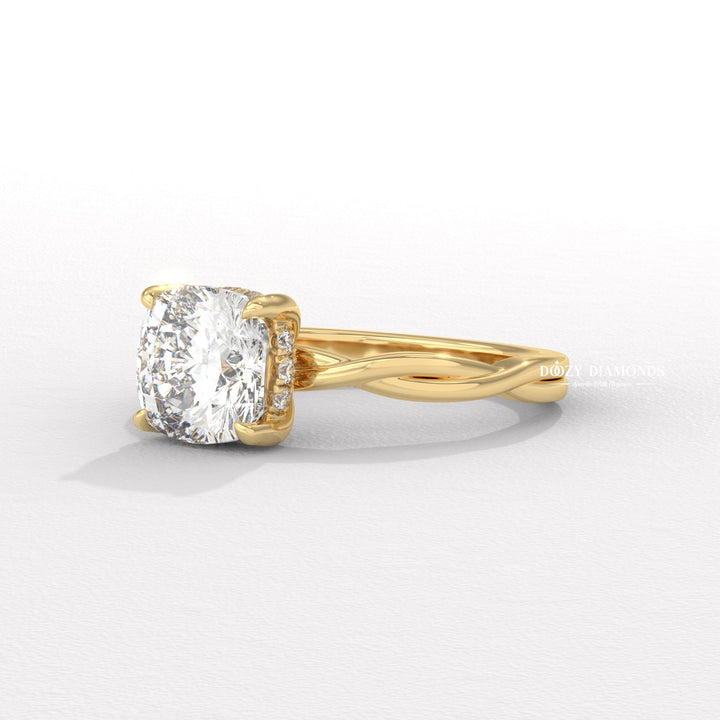 Cushion solitaire lab grown diamond ring side profile in gold setting