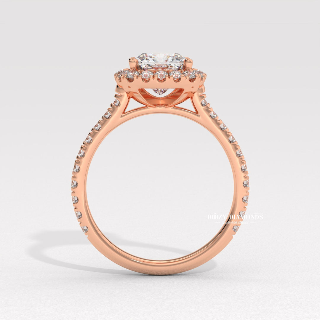 Detailed close-up of cushion pave diamond engagement ring