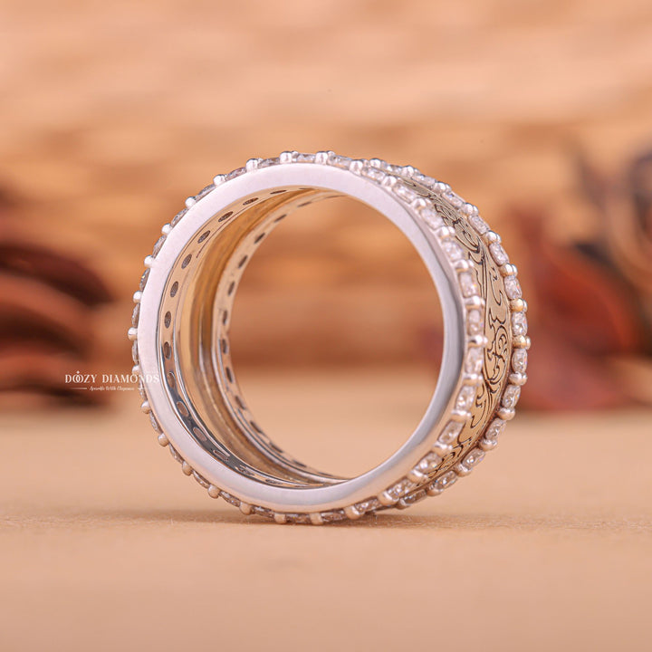 Angled view of round cut diamond in milgrain setting