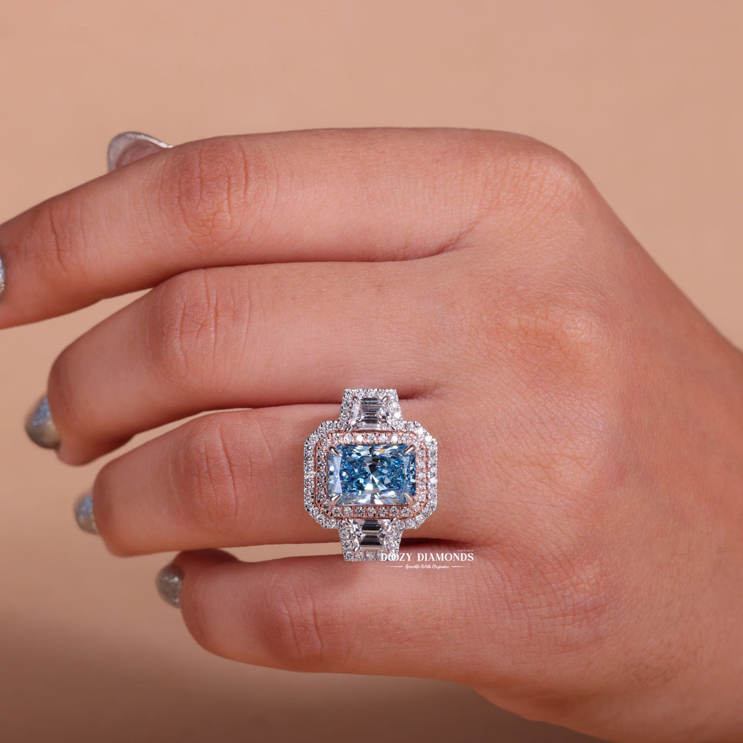 Radiant halo engagement ring offered in gold and platinum