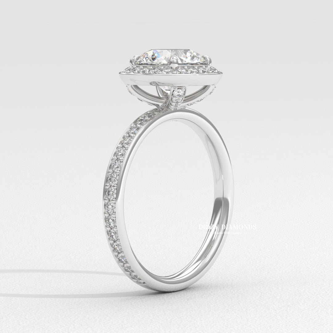 Round halo engagement ring close-up showing high clarity diamond clarity