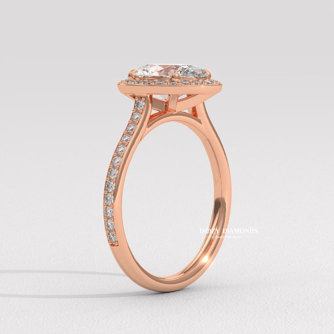 IGI certified oval cut diamond in halo engagement ring setting