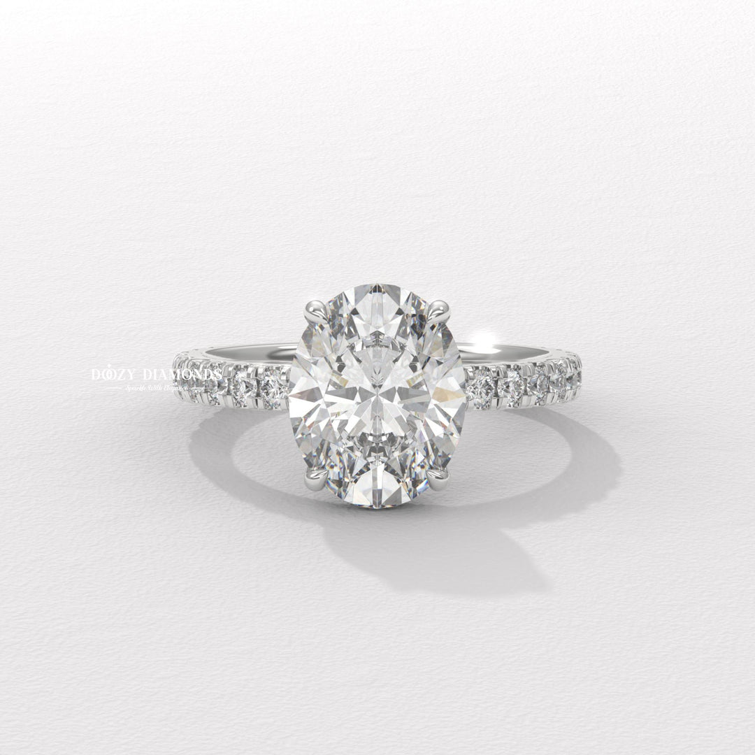 Oval cut engagement ring side view showing band detail