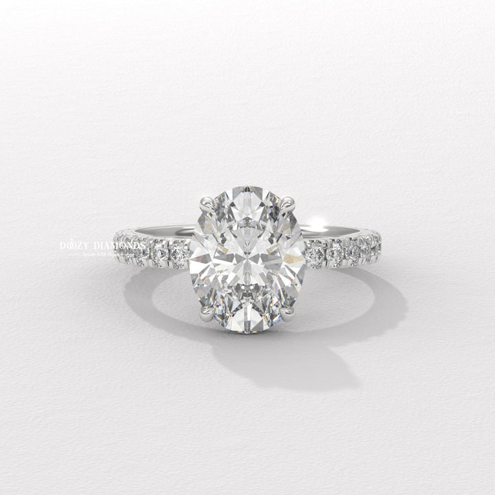 Oval cut engagement ring side view showing band detail
